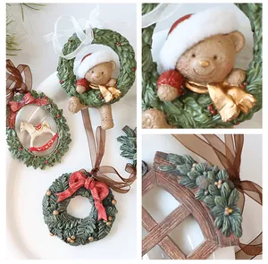 Detail view of vintage resin Christmas ornaments featuring bear and rocking horse