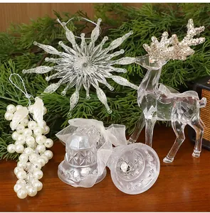 Detailed view of transparent acrylic Christmas ornaments with glitter deer and snowflake.