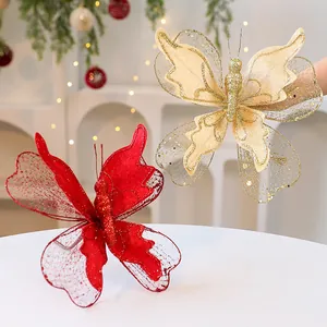Fabric Butterfly Hanging Ornament Glitter Sequin 3D Butterfly Pendant Christmas Tree Holiday Party Decoration For Home