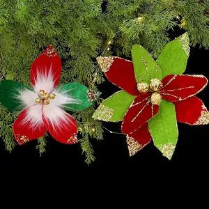 Élégante fleur de Noël artificielle de 26 cm avec velours rouge et vert et paillettes sapin.