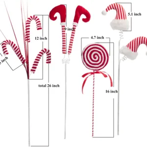 Red and white striped Christmas tree picks with elf legs and candy cane motifs