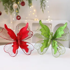 Red and green sequined fabric butterfly hanging ornaments for Christmas tree decor