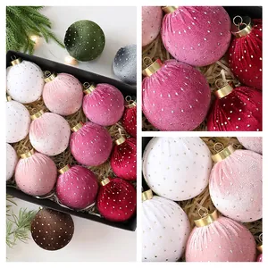 Elegant velvet Christmas balls with silver polka dots, set of decorative tree ornaments