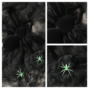Realistic black plush spider with green glowing spider props for Halloween outdoor decor