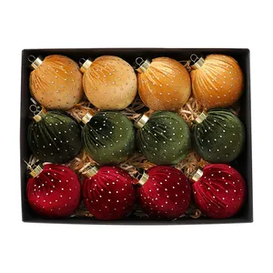 12-piece velvet Christmas ball ornaments with silver polka dots in a luxury gift box