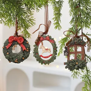 Vintage resin 3D Christmas ornaments set with wreath and rocking horse designs