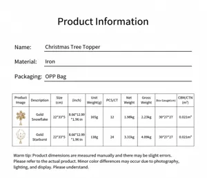 Detailed product information and size chart for iron art Christmas tree top stars