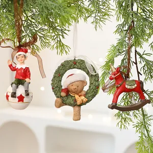 Set of retro 3D resin Christmas tree ornaments featuring elf, bear, and rocking horse