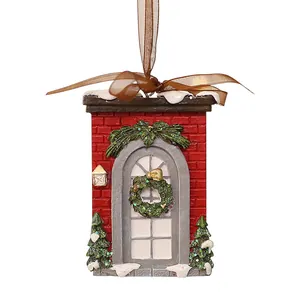 Vintage resin Christmas hanging ornament with red brick wall and wreath design