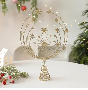 Detail view of gold glitter iron hollow star Christmas tree topper ornament