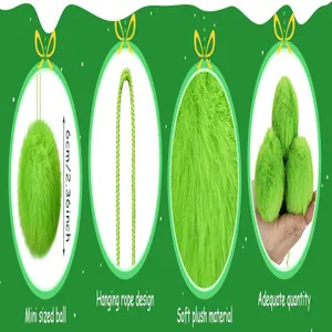 Detail showing green plush ball size, hanging rope, soft material, and quantity.