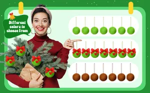 Various soft faux fur Christmas pom pom ornaments in green and brown with red bows