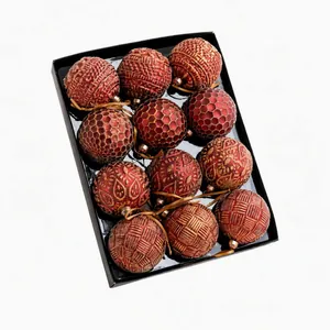 Set of 12 vintage red decorative 8cm Christmas balls with varied embossed patterns
