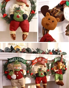 Detail view of festive Christmas wreaths with Santa, Snowman, and Reindeer characters