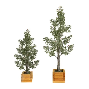 Set of two realistic artificial cypress Christmas trees with rustic wooden base planters