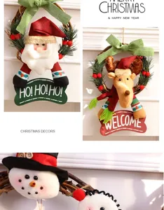 Detailed macro view of plush Santa and reindeer figurines on festive Christmas wreaths.