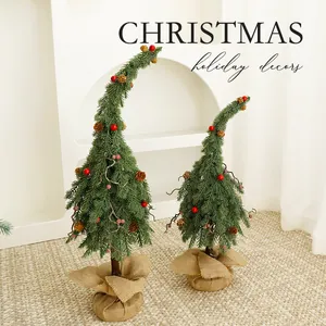 Creatively Bent Christmas Tree Miniature Desktop Decoration With Burlap Base Pine Cone Berry Embellishment For Holiday Shop Window