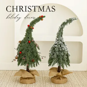 Green bent-top Christmas trees with burlap bases for tabletop holiday decor