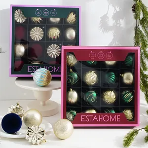 Set de 16 élégantes décorations de Noël avec boules dorées et vertes texturées en boîtes cadeaux