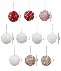 Assorted 8cm Christmas ball ornaments with pearl and sequin details on white background