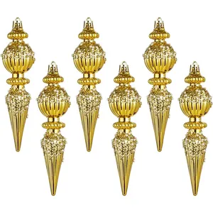 Set of 6 luxury golden spindle-shaped Christmas ornaments with glitter and bead details.