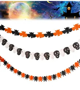 Three styles of Halloween paper garlands with bat skull and spider shapes for party decor