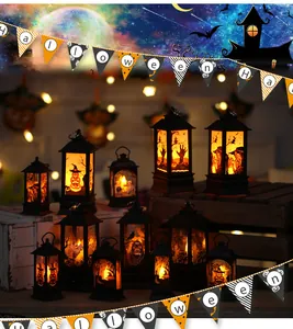 Atmospheric Halloween LED lanterns featuring spooky witch, skull, and pumpkin designs.