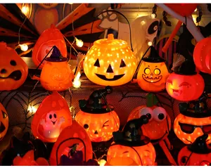 A cluster of glowing Halloween Jack-o'-lanterns with cute facial expressions for decor