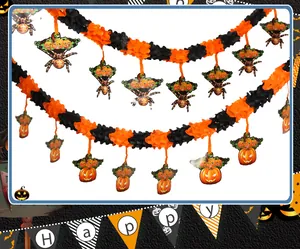 Halloween decorative garland with orange black pom-poms and pumpkin spider charms