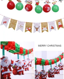 Detailed view of various Merry Christmas pull flag banners and Santa Claus hanging ornaments