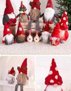 Detailed view of handmade Christmas gnomes with red hats and white beards