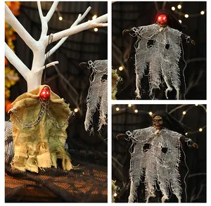Décoration suspendue de fantôme Halloween avec yeux LED rouges et linceul déchiré