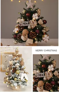 Detailed collage of mini PE Christmas trees with warm LED lights and rustic ornaments