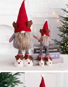 Handmade plush Christmas gnomes with reindeer hats on a cozy holiday background