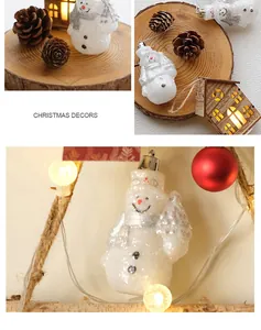 Dettaglio di addobbo natalizio pupazzo di neve glitterato bianco con luci festive calde.