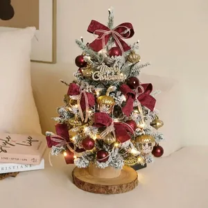 Mini Desktop Christmas Tree With LED Lights Pre-lit Flocked Snow Artificial Small Tabletop Tree With Ornaments And Wood Base For Christmas Home Office Decor