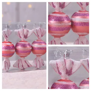 Set di ornamenti natalizi a forma di caramella rosa glitterata per l'albero di Natale