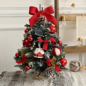 Mini PE Christmas tree with red bows and warm LED lights for home tabletop decoration