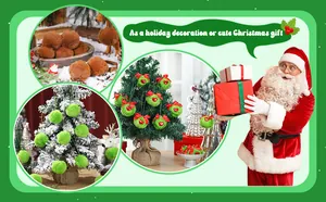 Detailed view of soft green faux fur pompom ornaments with red bows on a mini Christmas tree