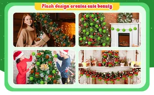 Detail showing green and brown faux fur plush pom pom ornaments in Christmas scenes.