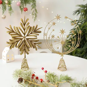 Gold Glitter Christmas Tree Topper Star Hollow Iron Snowflake Tree Top Decoration For Holiday Home Party Xmas Tree Ornament Gift