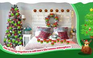 Green faux fur Christmas pom-pom ornaments decorating a cozy bedroom holiday scene