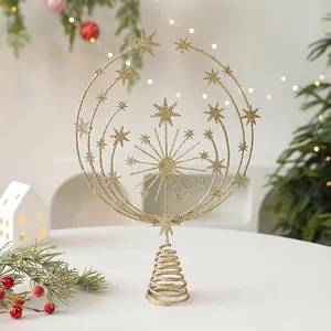 Elegant golden glitter iron Christmas tree topper star with hollow crescent arcs