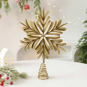 Elegant gold glitter hollow snowflake Christmas tree topper decoration on a spiral base.