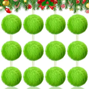 Green Faux Fur Pom Pom Christmas Ball Ornaments Set Soft Plush Hanging Balls For Xmas Tree Holiday Home Party Decoration