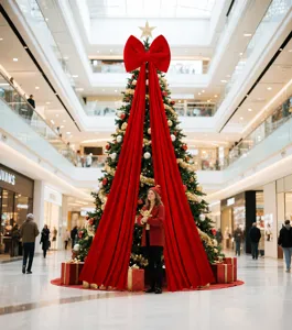 Riesige burgunderrote Samtschleife Dekoration für großen Weihnachtsbaum in einer Mall