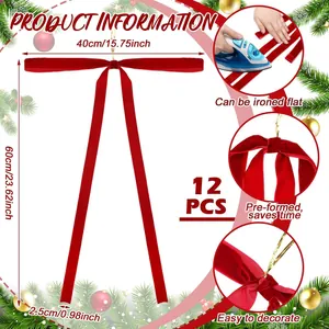 Detailed size information and features of red velvet Christmas bows in a 12-piece set