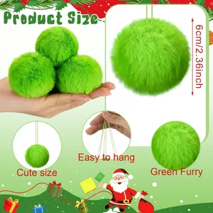 Soft green faux fur Christmas pom-pom ornaments with size details for tree decor