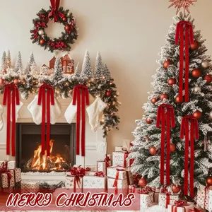Red velvet Christmas bows hanging on a fireplace mantel for holiday room decor