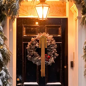 Elegant gold velvet bow decoration hanging on a festive Christmas wreath at a snowy entrance